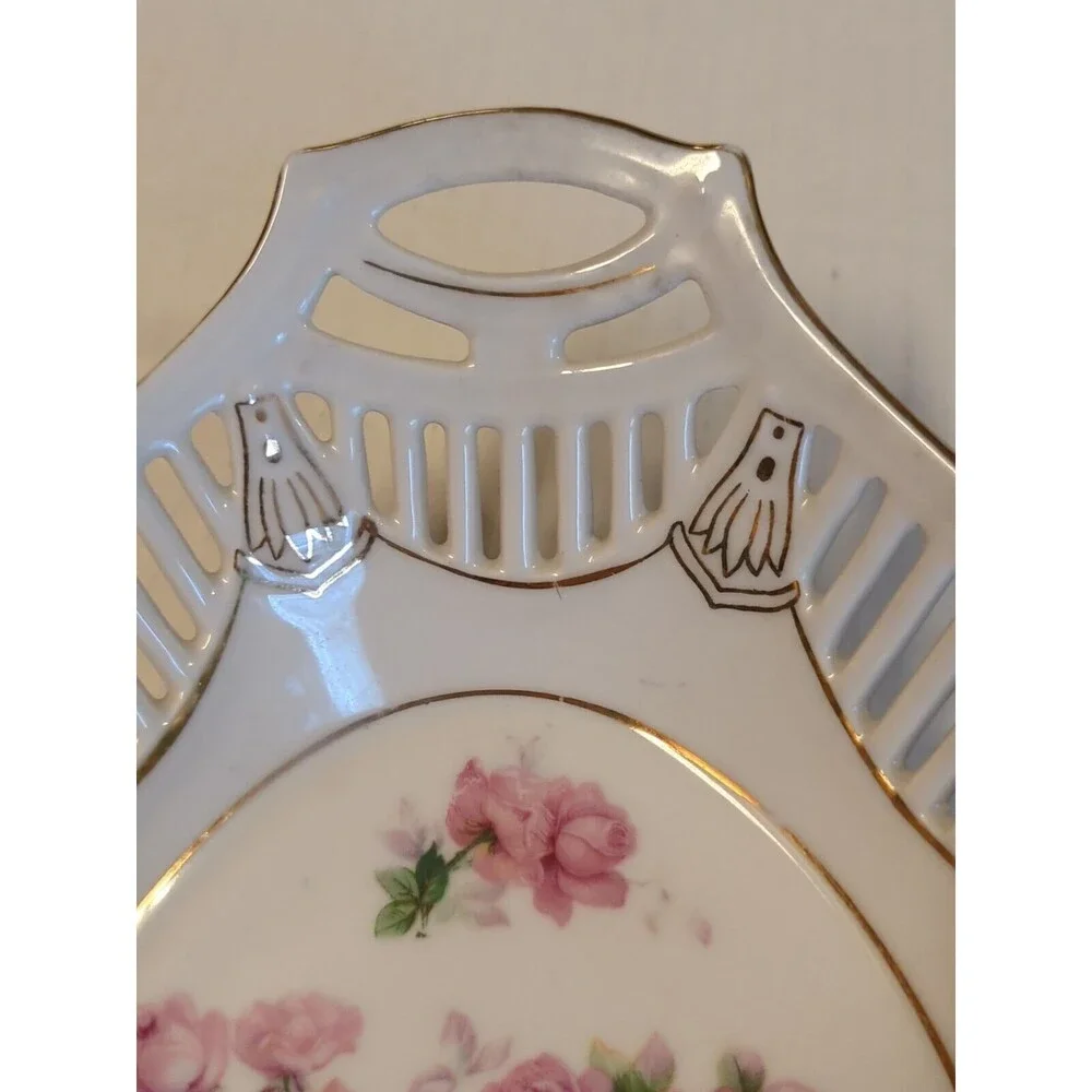 Bavaria German Reticulated Serving Bowl Dish Rose Floral Oval Double Handled